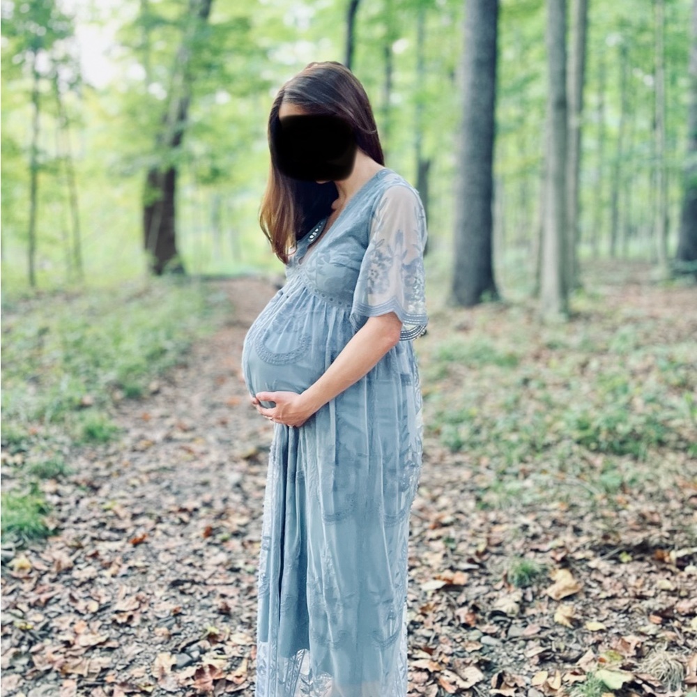 PinkBlush Blue Lace Mesh Overlay Maternity Maxi Dress